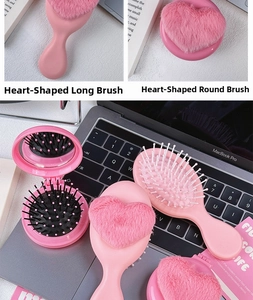 Pink plush heart hairbrush and folding mirror comb set with soft faux fur texture