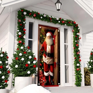 Christmas Santa door cover outdoor decoration with Christmas tree and gift box graphics