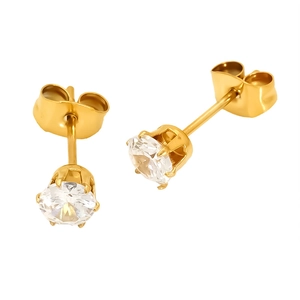 Classic gold titanium steel stud earrings with round cubic zirconia and butterfly backings