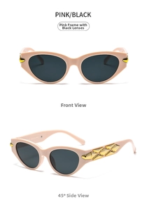 Detailed front and side view of pink cat eye sunglasses with gold geometric accents