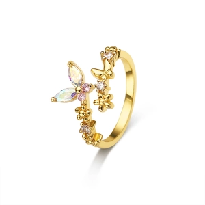 Gold plated open ring with butterfly and floral motifs featuring colorful zircon stones