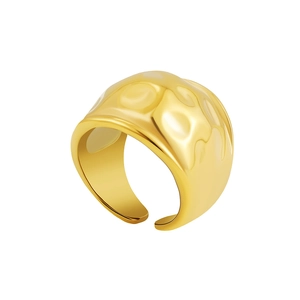 18K gold plated stainless steel wide open ring with vintage hammered textured surface