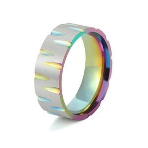 Brushed stainless steel cone ring with rainbow plated grooves shown at a 45-degree angle