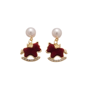 Red flocked pony earrings with pearl studs and sparkling rhinestones on golden bases