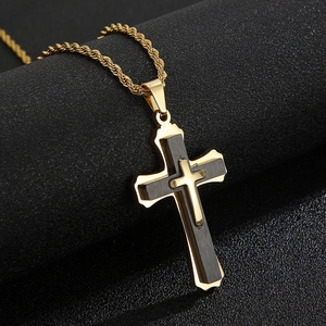 Classic gold and black double-layered stainless steel cross pendant with twisted rope chain