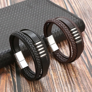 Multi-Layer Braided Genuine Leather Bracelet With Stainless Steel Magnetic Clasp Minimalist Vintage Punk Bangle For Men