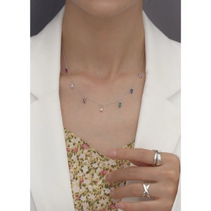 S925 silver necklace with square colorful zircon stones on female model with rings