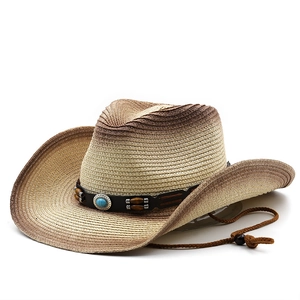 Western-Stroh-Cowboyhut mit Vintage-Lederband und türkisfarbenem Stein-Detail