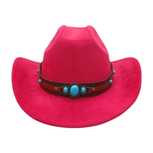 Ethnic western cowboy hat in rose red suede with turquoise leather band decoration