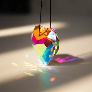 Rainbow heart crystal suncatcher pendant with multifaceted cut on a black cord