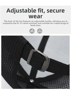 Detail of adjustable metal buckle on breathable mesh cap for secure customized fit