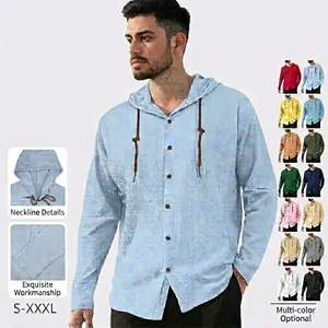 Men Casual Cotton Linen Hooded Shirt Long Sleeve Button Up Drawstring Beach Vacation Solid Color Top