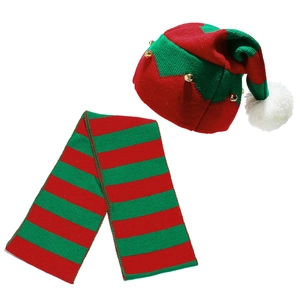 Bonnet De Elfe Tricoté Et Longue Écharpe Noël Rayé Rouge Vert Festif Acrylique Crochet Avec Cloches Et Pompon Unisexe