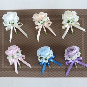 Artificial Rose Boutonniere Satin Flower Satin Ribbon Rhinestone Accent Wedding Groom Bride Formal Party Accessories