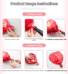 Instructions for inflating and deflating the red heart-shaped aluminum foil party balloon
