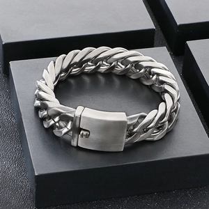 Detail of 18mm wide matte brushed Cuban chain bracelet in silver titanium steel