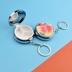 Portable Round Metal Pill Box Keychain With Mirror Multi Compartment Floral Print Travel Medicine Storage Organizer Case