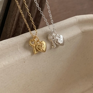 Minimalist 925 sterling silver heart and key pendant necklace in gold and silver finishes