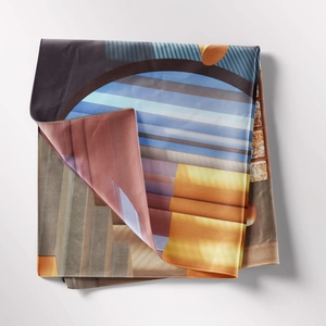 Detailed close-up showing silky fabric texture and modern abstract geometric tapestry prints