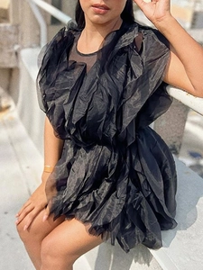 Chic black layered tulle dress with ruffle trim and voluminous mesh skirt for women