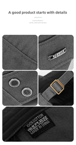 Detailed views of gray cotton flat cap featuring 100% cotton label and metal jeans badge