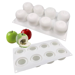 Detail of 3D apple fruit shape silicone mousse cake mold with finished dessert displays