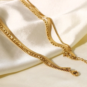 Three-layer 18K gold plated stainless steel necklace set on white silk background