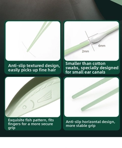 Detail view of light green ear tweezers with anti-slip patterns and 2mm precision tip