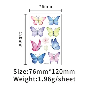 Waterproof colorful watercolor butterfly temporary tattoo sticker set measuring 76x120mm