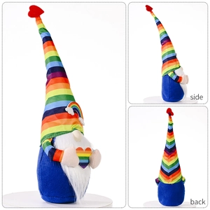 Rainbow gnome plush doll holding a heart, showing front, side and back views