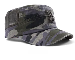 Side view of camouflage military flat top cap with mesh panels and gothic letter B embroidery