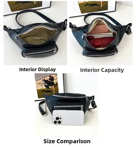 Detailed views of black PU leather waist bag with metal zippers and spacious interior