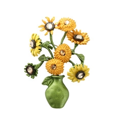 Close-up of enamel sunflower vase brooch with inlaid crystals and green alloy finish