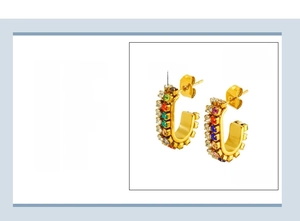 Detailed view of U-shaped gold earrings with colorful rhinestones and size specs