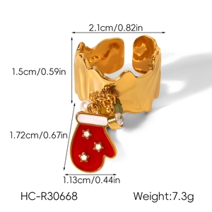 Detailed size specifications for gold Christmas ring with red enamel glove and pearl charm