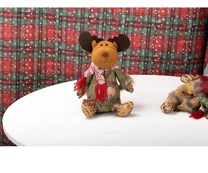 Plush Christmas reindeer doll with Merry Christmas lettering on green fabric and plaid scarf