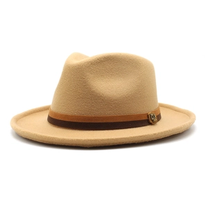 Classic camel wool felt jazz fedora hat with two-tone band and gold DLN buckle