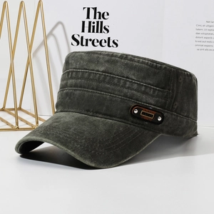 Men's washed cotton flat top military cap with vintage style and sport classic side patch