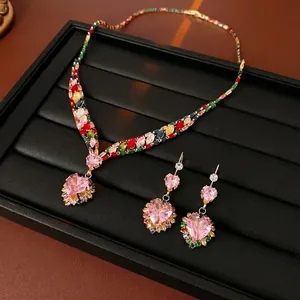 Heart Pendant Necklace And Earrings Pink Heart Colorful Zircon Copper Alloy Luxury Sweet Fashion Women