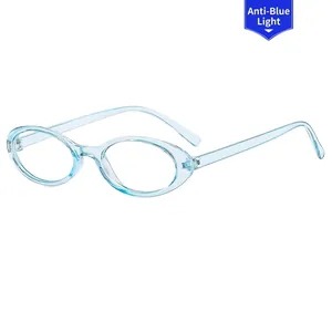 Retro small oval light blue clear frame glasses with blue light blocking lenses