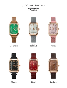 Selection of six fashionable rectangular women's watches with magnetic mesh bands in various colors