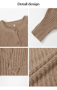 Detail design views of brown knit cardigan showing buttons, ribbed cuffs, and fabric texture