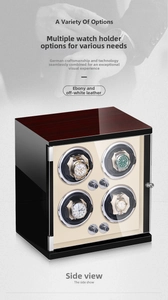 Detail of four-slot ebony watch winder with cream leather interior and control knobs