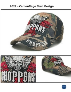 Detailed views of camouflage baseball cap with embroidered winged skull and Choppers logo