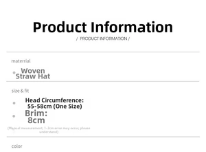 Detailed chart showing hand-woven straw hat size specifications and sun protection material