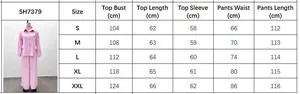 Size chart for the solid color shirt and pants set showing measurements from S to XXL