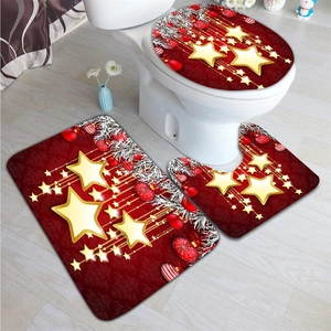 Three-piece red Christmas bathroom mat set with golden stars and festive ornaments