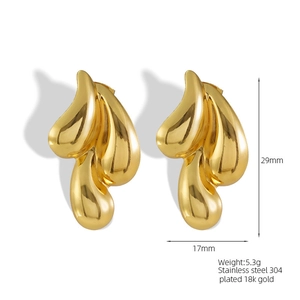 Macro view of 18K gold plated stainless steel earrings with 29mm x 17mm size specs