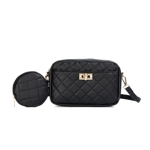Chic black quilted crossbody handbag with a round coin purse and gold hardware detailing