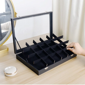 Joyero negro de 18 compartimentos con tapa de vidrio para collares y anillos